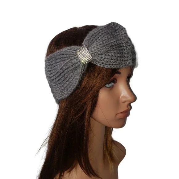 Gray Crochet Headband with Rhinestone Detail Bow - Picture 2 of 8